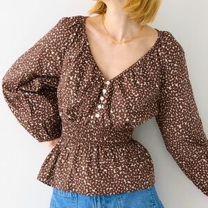 J.Crew V-Neck Smocked Waist Top in Mocha Floral